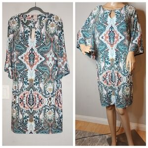 NWT Chico's Stretch Kimono Sleeve Shift Dress Blue Green Paisley Size LP